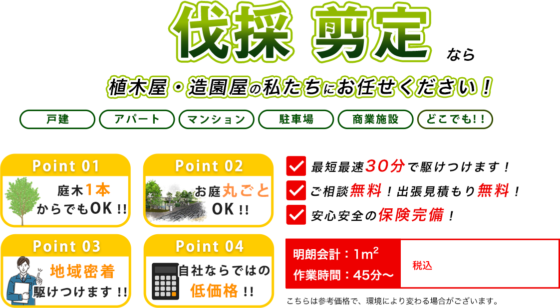 伐採 剪定なら植木屋・造園屋の有本造園【伐採・剪定】にお任せください！　最短最速30分で駆けつけます！　ご相談無料！出張見積もり無料！　安心安全の保険完備！